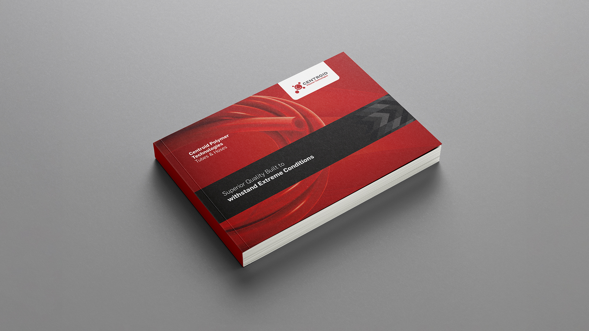 Centroid Polymer Technologies color palette showcasing primary red, neutral black, and secondary colors with their CMYK, RGB, and Pantone values
